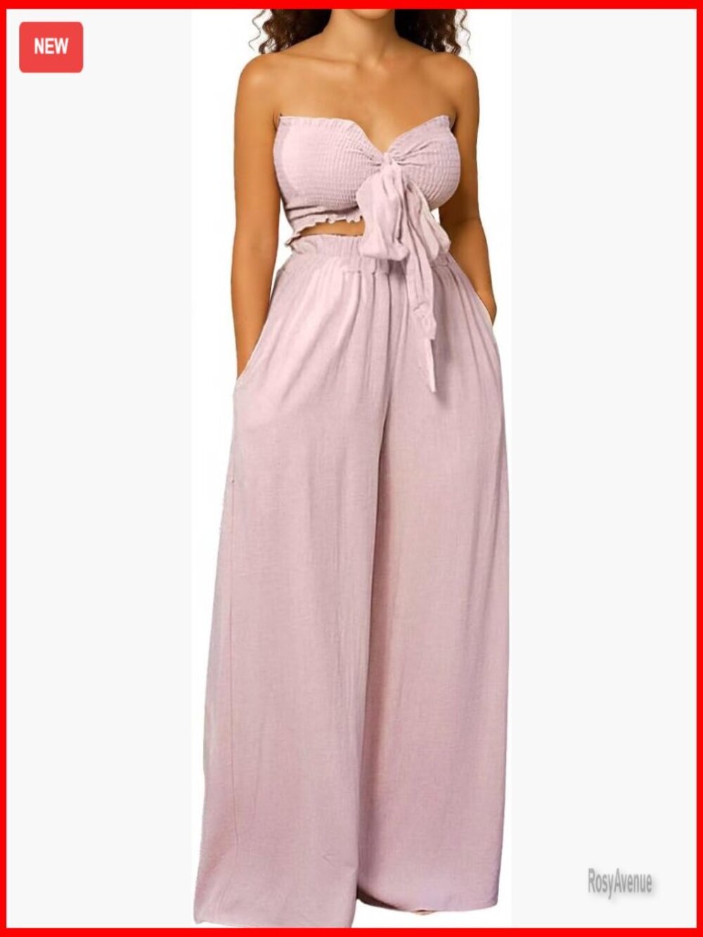 Two Piece Outfit Tie Front Bandeau Crop Top and Wide Leg Pants Set